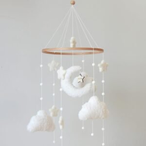 Boho Cloud Moon Crib Mobile Boho Baby Mobile for Crib Neutral Clouds, Moon & Stars Design Nursery Mobile for Boys & Girls