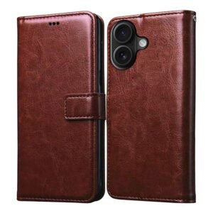 Flip Cover Back Case for Apple iPhone 16 | Premium Leather Finish | Inbuilt Pockets & Stand | Flip Cover Back Case for Apple iPhone 16 (Brown)