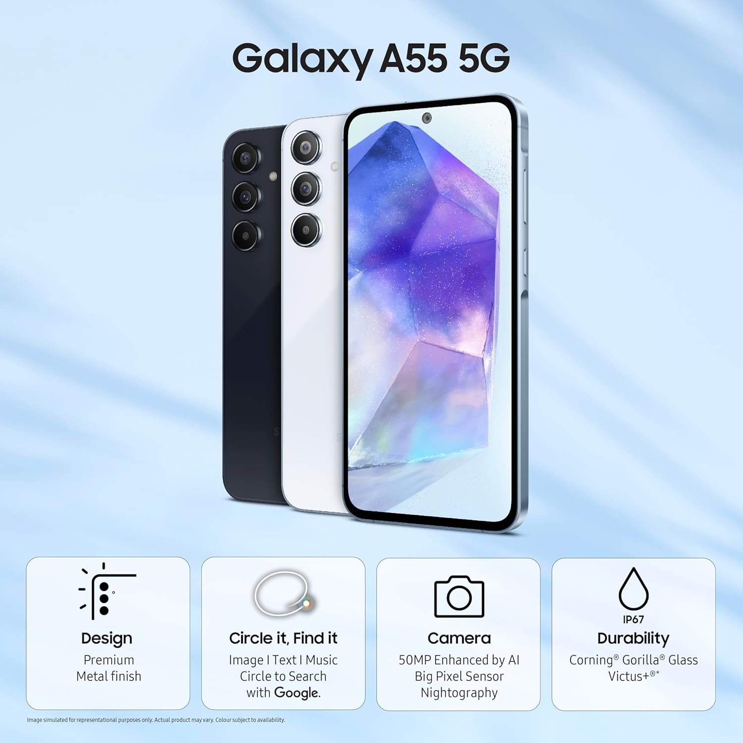 71b9ejjk4 l. sl1500 1762925766 9894 Samsung Galaxy A55 5G (Awesome Iceblue, 12GB RAM, 256GB Storage) | AI | Metal Frame | 50 MP Main Camera (OIS) | Super HDR Video| Nightography | IP67 | Corning Gorilla Glass Victus+ | sAMOLED Display