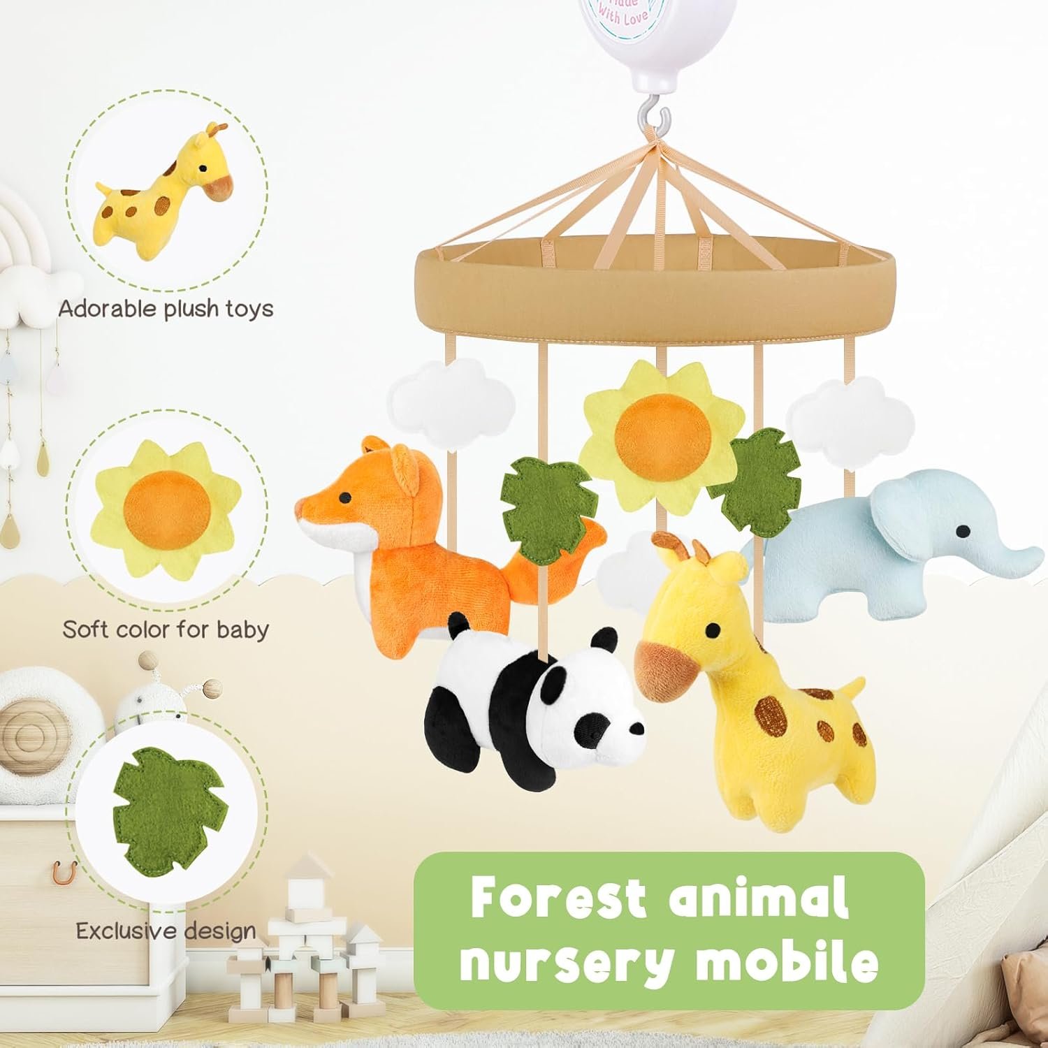 71htef53f6l. sl1500 Animals Baby Crib Mobile – Safari Baby Mobile for Crib with 12 Lullabies for Boys & Girls, Nursery Mobiles, Fits Standard Cribs, Forest Nursery Decor