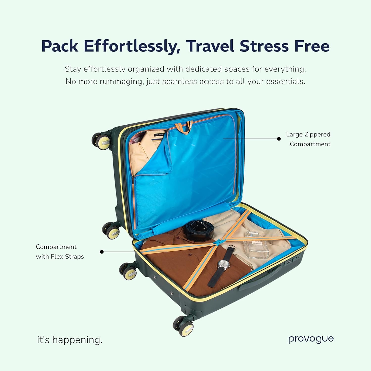 71puystlipl. sl1500 Provogue Spectrum Hard-Sided PP 55 Cm Suitcase/Cabin Trolley Bag Small| Expandable Space with 8 Wheels Trolley Bags for Travel |Lightweight with Combination Lock|5 Year Warranty (Midnight Fern Green)