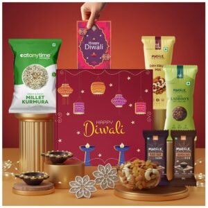 Eat Anytime Diwali Dhamaka Hamper | 11 Items Diwali Gift Box with Dry Fruits, Chocolates, Date Laddoos, Roasted Namkeen, Beautiful Diyas, Rangoli, Lights & more | Perfect Family & Corporate Gifting