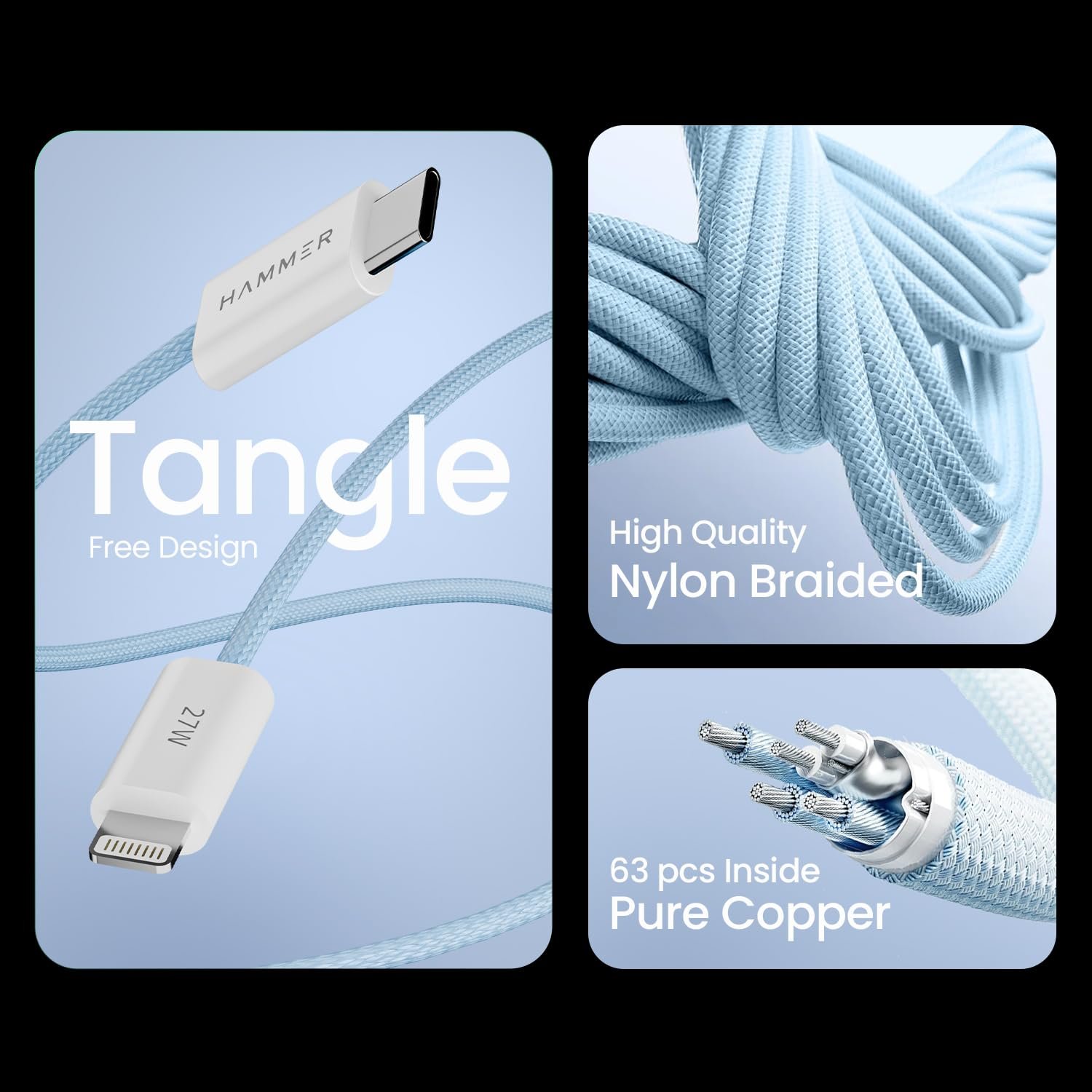 71fdmnzum l. sl1500 HAMMER 27W Type-C to Lightning 8 Pin Nylon Braided Cable, 27W Fast Charging, 480Mbps High Speed Data Transfer & Durable Tangle Free Design, Compatible with iPhone, iPad, iMac, AirPods, 1.2M (Blue)