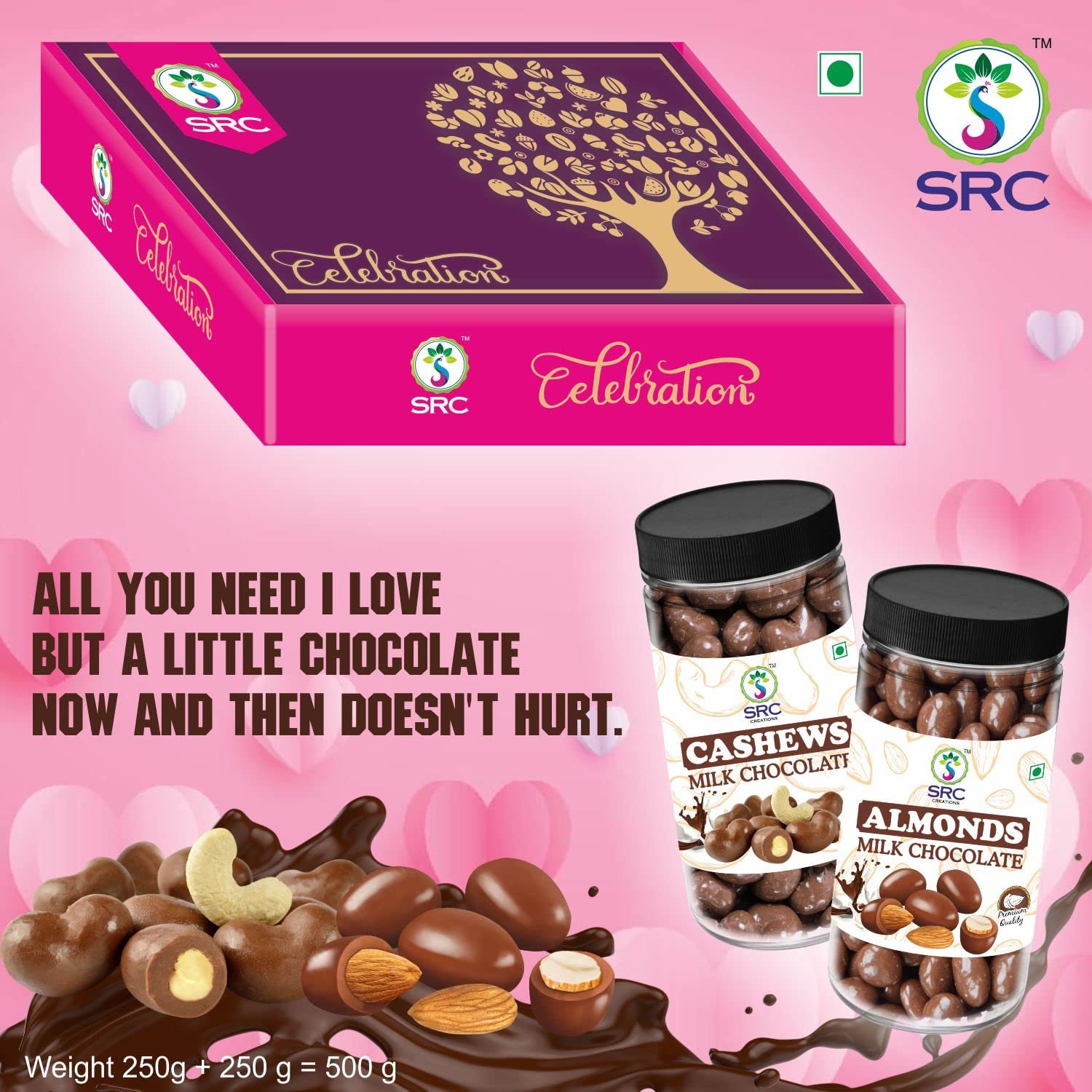 71quofaimnl. sl1500 SRC Creations Celebration Dry Fruits Gift Pack For Festive Wedding | Chocolate Covered Cashews (250g) and Chocolate Covered Almond (250g) | Corporate Gift Hamper Box