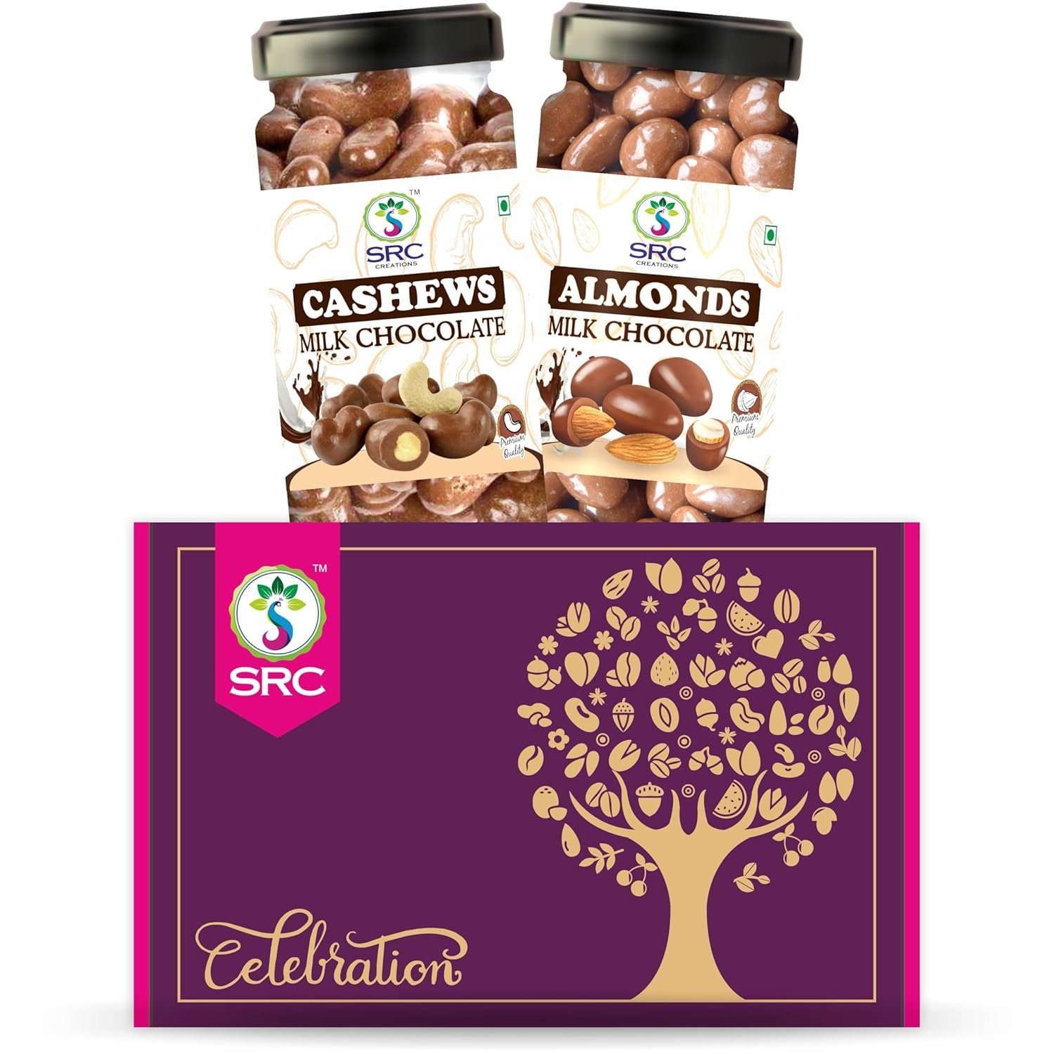 SRC Creations Celebration Dry Fruits Gift Pack For Festive Wedding | Chocolate Covered Cashews (250g) and Chocolate Covered Almond (250g) | Corporate Gift Hamper Box SRC Creations Celebration Dry Fruits Gift Pack For Festive Wedding | Chocolate Covered Cashews (250g) and Chocolate Covered Almond (250g) | Corporate Gift Hamper Box