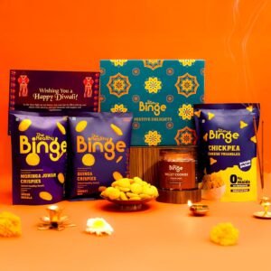 The Healthy Binge Diwali Delight Gift Box Hamper Item | Assorted baked chips, cookies & greeting card | Healthy Snacks hamper for Friends, Family ,Corporate Employee Gifts | Diwali Snacks Hamper & Gift | Pack of 4
