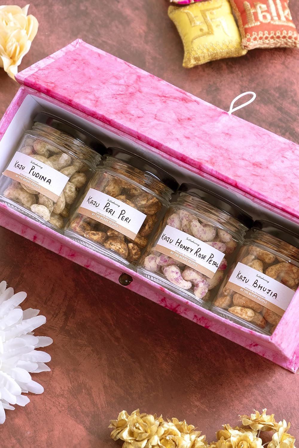 81x3fcuuul. sl1500 The Berry People: Festive Treats Gift Hamper – Flavoured Dry Fruits Combo of Kaju Peri Peri, Kaju Pudina, Kaju Rose Petal & Kaju Bhujia | Nutritious Pack & Healthy Snacks | Diwali Gift