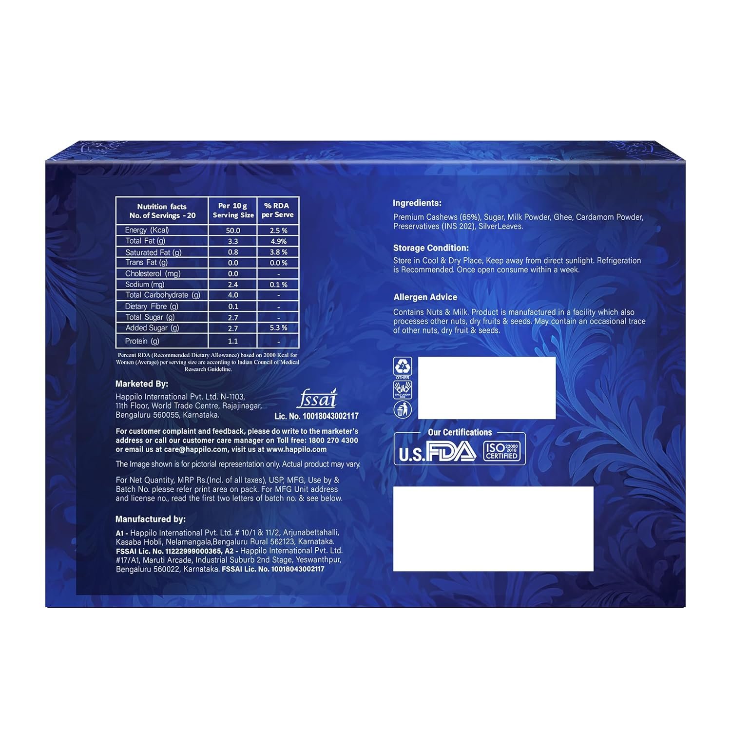 81yd6hfx9zl. sl1500 Happilo Premium Kaju Katli 200g, Traditional Indian Sweet, Premium Cashew Fudge, Festive Treat