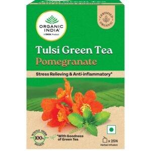A TATA Product - Organic India Tulsi Green Tea Pomegranate - 25 Tea Bags, Certified Organic, Stress Relief, Rich in Antioxidant, Tulsi & Pomegranate Infusion