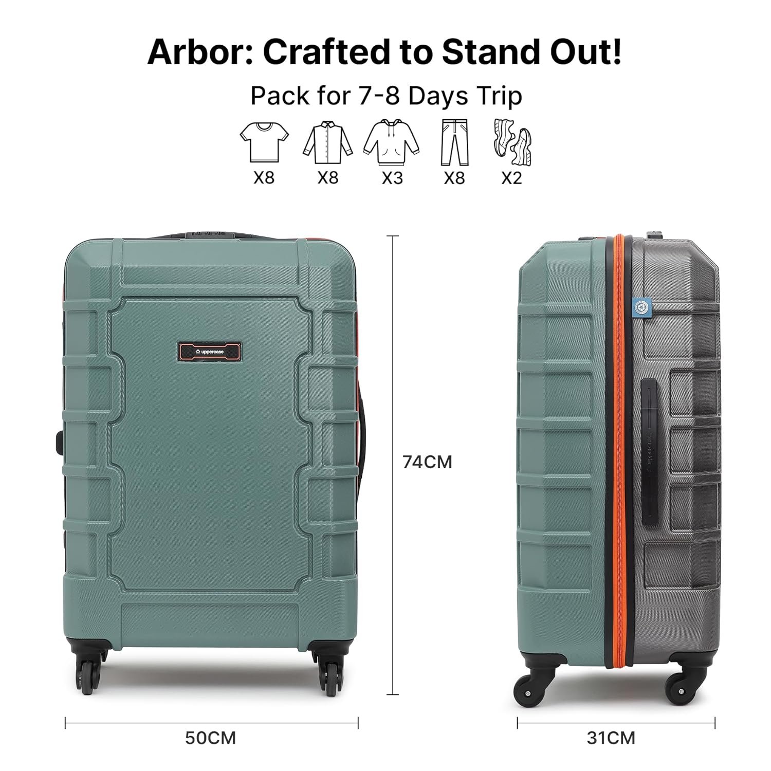 81dwwhllbrl. sl1500 uppercase Arbor 74cm (Large)| Check-in Trolley Bag| Spinner Hardsided Luggage| Secure Combination Lock| Scratch Resistant| Mesh ConviPack| Suitcase for Men & Women| 2000 Days Warranty(Green)