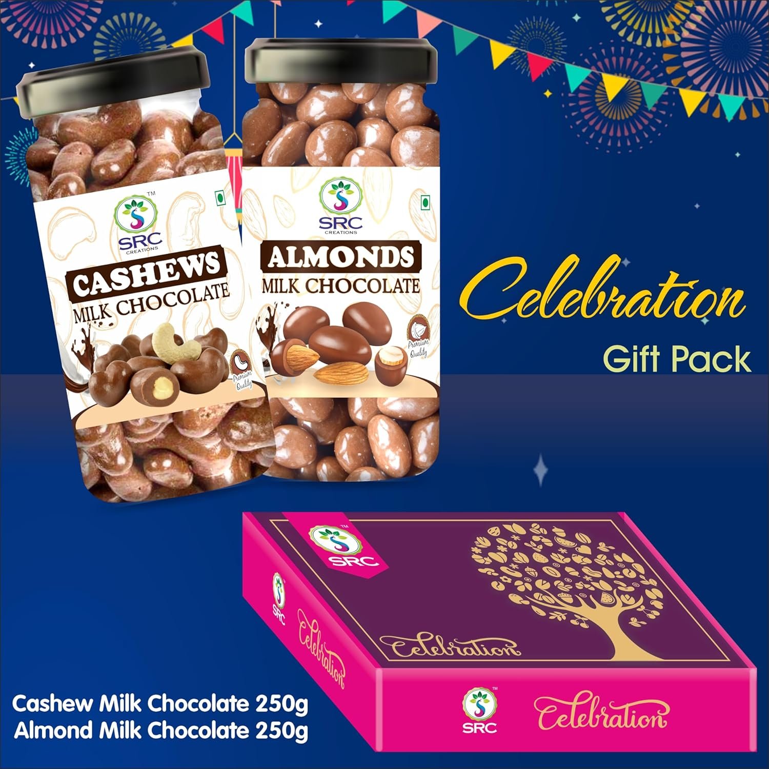 81eto8isnyl. sl1500 SRC Creations Celebration Dry Fruits Gift Pack For Festive Wedding | Chocolate Covered Cashews (250g) and Chocolate Covered Almond (250g) | Corporate Gift Hamper Box