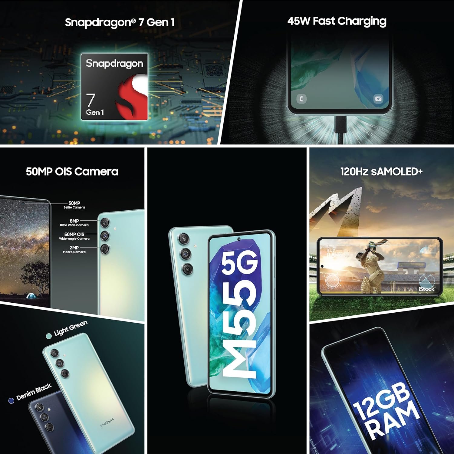 81x1857e7cl. sl1500 Samsung Galaxy M55 5G (Light Green,12GB RAM,256GB Storage) | 50MP Triple Cam| 5000mAh Battery| Snapdragon 7 Gen 1 | 4 Gen. OS Upgrade & 5 Year Security Update| Super AMOLED+ Display| Without Charger