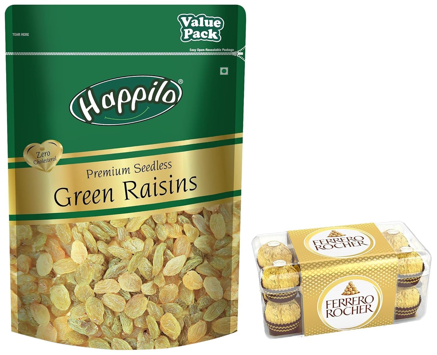 Happilo Premium Seedless Green Raisins 500g Value Pack & Ferrero Rocher, Exquisite Hazelnut and Milk Chocolate Premium Gift Box, 16 pieces (200 g) Happilo Premium Seedless Green Raisins 500g Value Pack & Ferrero Rocher, Exquisite Hazelnut and Milk Chocolate Premium Gift Box, 16 pieces (200 g)