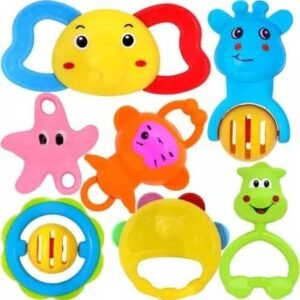 Cable World Infant Colourful Plastic Non Toxic Set of 7 Attractive Rattles and Teathers Toys for New Borns, Kids, Boys and Girls (Multi Color and Design)