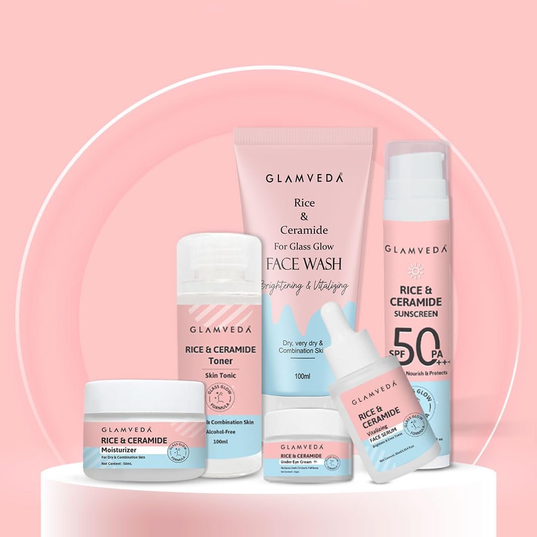 Glamveda Skin Rice & Ceramide 6 Step Daily Skincare Routine For Women with Gift Box | Face wash, Toner, Serum, Under eye cream, Moisturizer & Sunscreen Glamveda Skin Rice & Ceramide 6 Step Daily Skincare Routine For Women with Gift Box | Face wash, Toner, Serum, Under eye cream, Moisturizer & Sunscreen