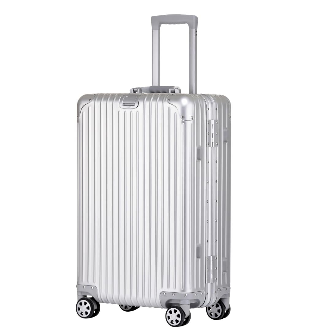 PYB Autograph - Premium Full Aluminium Trolley Bags for Travel, Zipless Check in Medium Suitcase with TSA Lock, Noiseless 360° Rotating 8 Wheels, Compression Pads and Divider (Silver, Medium -24 Inch) PYB Autograph - Premium Full Aluminium Trolley Bags for Travel, Zipless Check in Medium Suitcase with TSA Lock, Noiseless 360° Rotating 8 Wheels, Compression Pads and Divider (Silver, Medium -24 Inch)