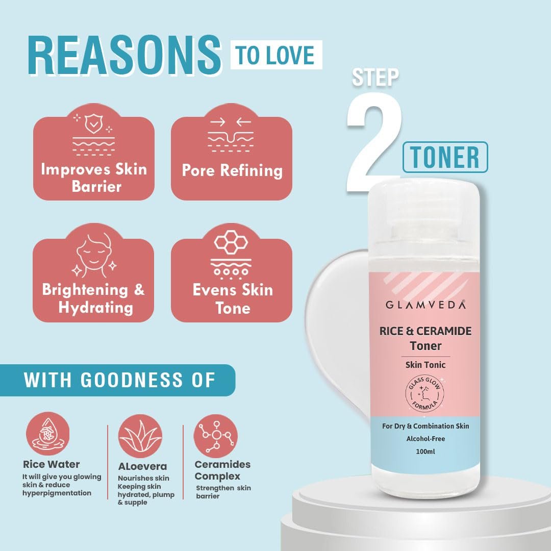 6100hvcdw l. sl1080 1765950534 2110 Glamveda Skin Rice & Ceramide 6 Step Daily Skincare Routine For Women with Gift Box | Face wash, Toner, Serum, Under eye cream, Moisturizer & Sunscreen