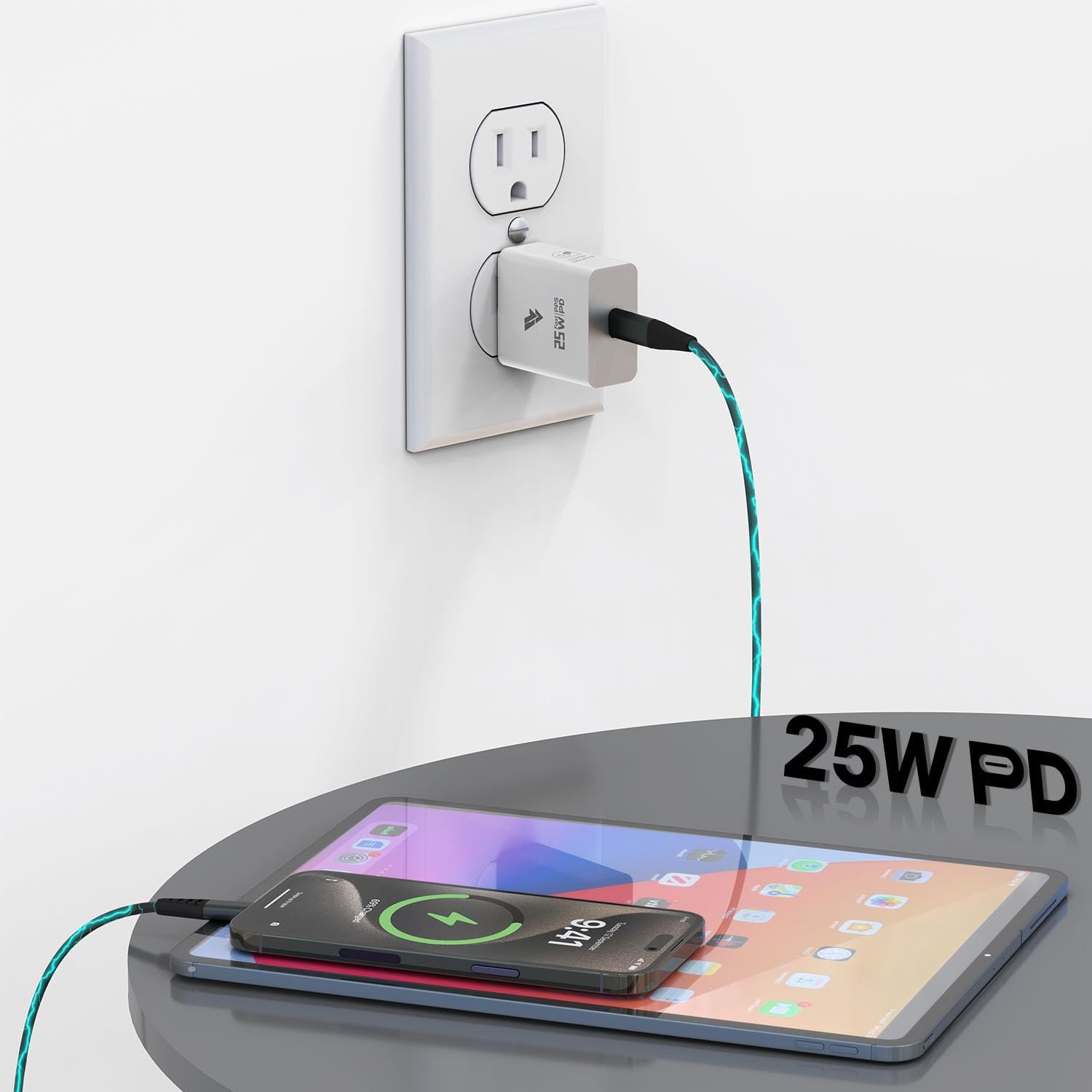 611awbreyvl. sl1500 Dr Vaku® 25W Fast Charger Adapter Compatible with iPhone 14/14 Plus/14 Pro/14 Pro Max, 13/12/11 Series, iPad with 1 Meter Type C to L Data Cable PD 2.0 (Adapter+Cable)