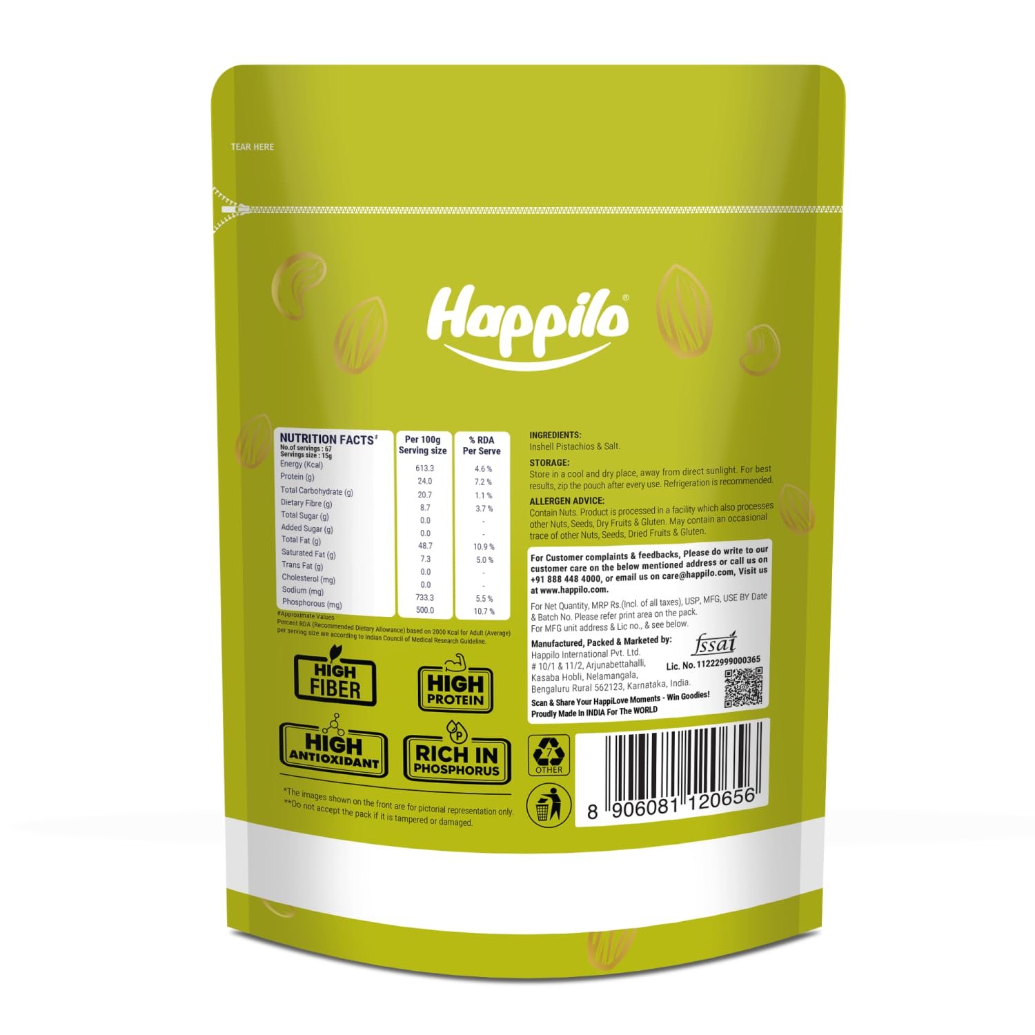 61444ul6rel. sl1500 Happilo Premium Californian Roasted & Salted Pistachios 1kg | Pista Dry Fruit | Shelled Whole Nuts Super Crunchy & Delicious Super Healthy Crunchy Nuts | Roasted with Salt | No Added Oils | Oven Roasted