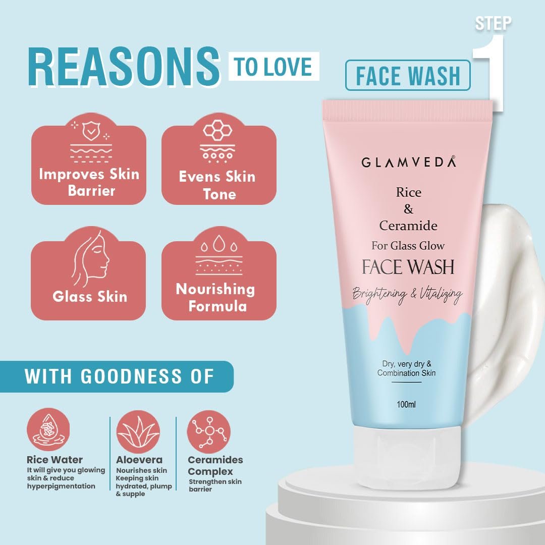 619qzohqnnl. sl1080 1765950533 9522 Glamveda Skin Rice & Ceramide 6 Step Daily Skincare Routine For Women with Gift Box | Face wash, Toner, Serum, Under eye cream, Moisturizer & Sunscreen