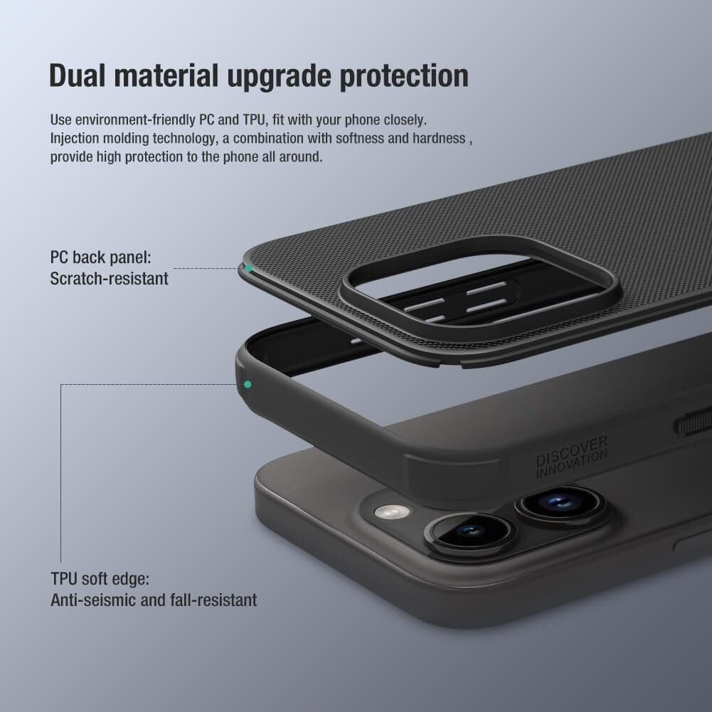 61dis 4ge8l. sl1001 Nillkin Case for Apple iPhone 15 Pro (6.1 Inch) Super Frosted Shield Pro Hard Back Soft Border (PC + TPU) Shock Absorb Cover Raised Bezel Camera Protect PC Without Logo Cut Black Color
