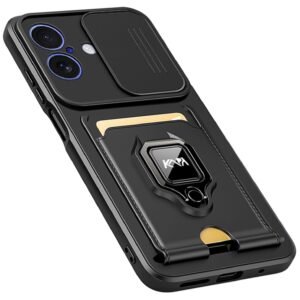 Kapa Bisen Back Cover for Apple iPhone 17 | Inbuilt Camera Slider Ring Stand and Card Pocket Shockproof Slim Bumper Back Case (Black)