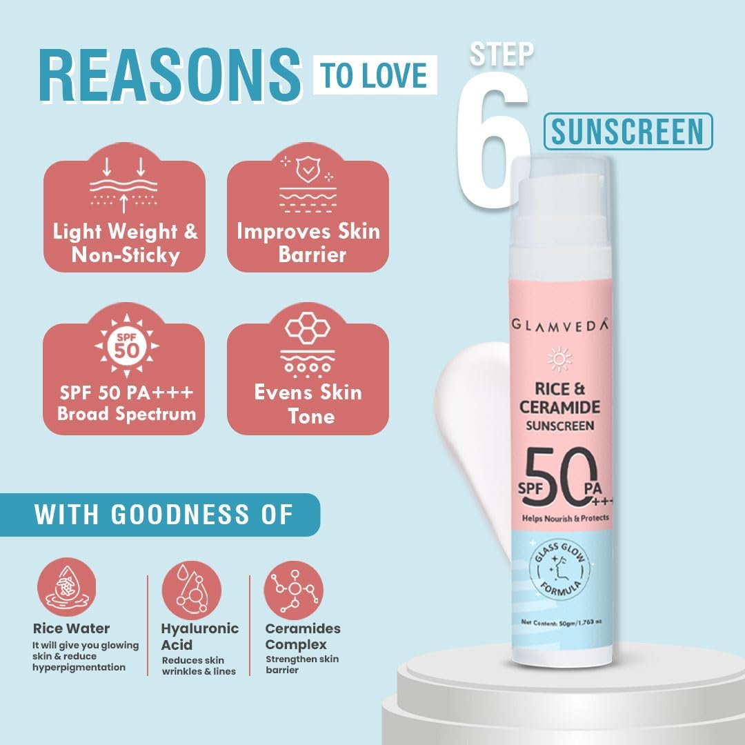 61mvpzpkoll. sl1080 1765950537 6001 Glamveda Skin Rice & Ceramide 6 Step Daily Skincare Routine For Women with Gift Box | Face wash, Toner, Serum, Under eye cream, Moisturizer & Sunscreen