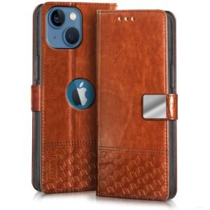FLIPPED Hand Stitched Honeycomb Dual Design Back Flip Cover Case for Apple iPhone 13 | iPhone 14 (Shock Proof | Leather Finish | Wallet Case Card Holders & Stand) - Tanned Brown