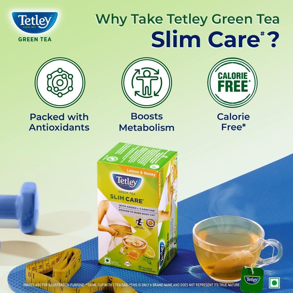 61vbbhspzll. sl1000 Tetley Green Tea Slim Care, With Added L-Carnitine, Helps Burn Body Fat, Boosts Energy, Low Calories, Delicious Natural Lemon and Honey Flavours, Makes 25 cups