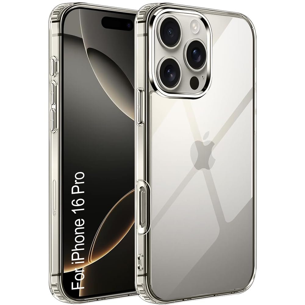 Amazon Brand-Solimo Mobile Cover for Apple iPhone 16 Pro (Soft & Shockproof Back Case with inbuilt Cushioned Edges), Transparent Amazon Brand-Solimo Mobile Cover for Apple iPhone 16 Pro (Soft & Shockproof Back Case with inbuilt Cushioned Edges), Transparent