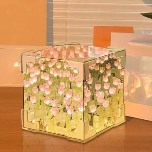 Do It Yourself Tulip Night Lamp Mirror LED Decorative Nights Lamp for Bedroom, Handmade Magic Cube Tulips Flower Table Lamp 2 in 1 Flowers Birthday Gifts for Women and Girl