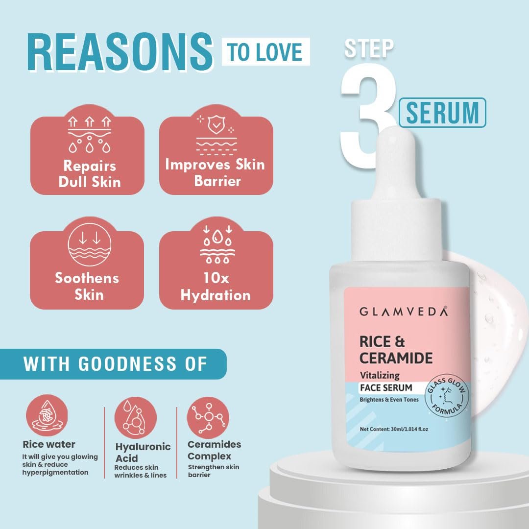 61l3plzvpll. sl1080 1765950535 7204 Glamveda Skin Rice & Ceramide 6 Step Daily Skincare Routine For Women with Gift Box | Face wash, Toner, Serum, Under eye cream, Moisturizer & Sunscreen