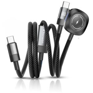 KARWAN®️ 2 in1 USB C to Type C 60W Cable 3A Fast Charging Cord With Smart Watch Charger, 480 Mbps Data Sync, Nylon Braided, For Apple Watch, iPhone 15, SmartPhones and USB C Devices - 1.25 Meter