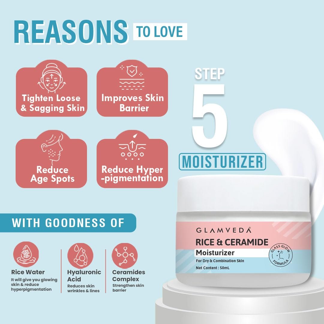61x0mt0xvyl. sl1080 1765950536 1221 Glamveda Skin Rice & Ceramide 6 Step Daily Skincare Routine For Women with Gift Box | Face wash, Toner, Serum, Under eye cream, Moisturizer & Sunscreen
