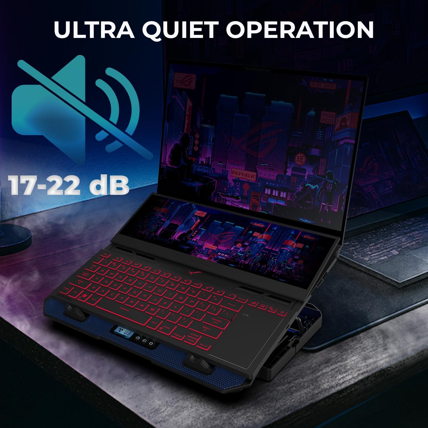 71 da4zaazl. sl1500 EvoFox Frost Plus Laptop Cooling Pad | Laptop Cooler Pad with Dual Fans, Blue LED Backlight, Iron Mesh Design, LCD Display, Adjustable Stand, Ultra-Quiet Dual USB Cooling Pad (Black)