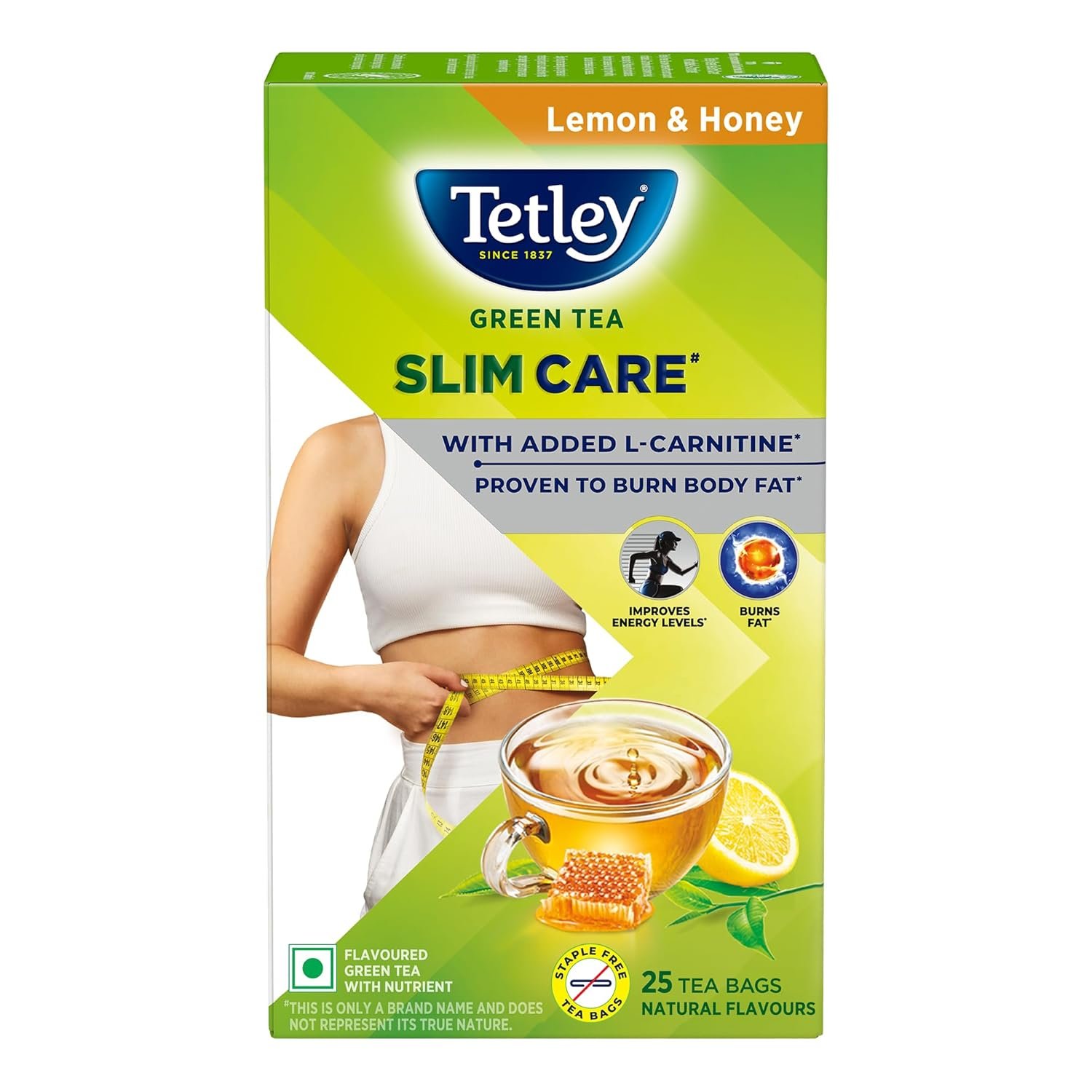 Tetley Green Tea Slim Care, With Added L-Carnitine, Helps Burn Body Fat, Boosts Energy, Low Calories, Delicious Natural Lemon and Honey Flavours, Makes 25 cups Tetley Green Tea Slim Care, With Added L-Carnitine, Helps Burn Body Fat, Boosts Energy, Low Calories, Delicious Natural Lemon and Honey Flavours, Makes 25 cups