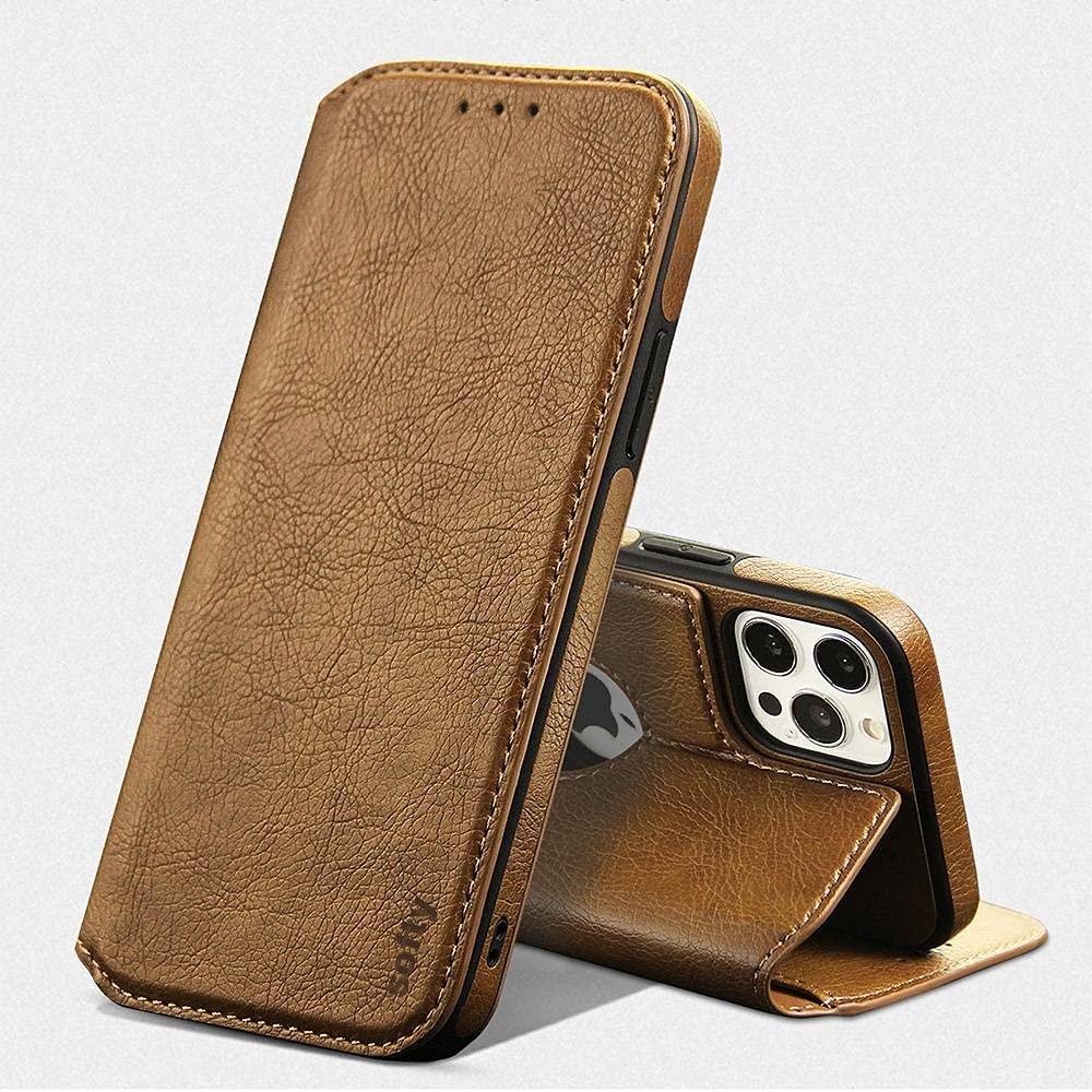 719agwpzyss. sl1000 SOFTY Scott Series Leather Finish Magnetic Flip Cover for Apple iPhone 17 Pro Max 6.9 Slim 360* Protection Case, Wireless Charging Supported & Card Slot (Brown)
