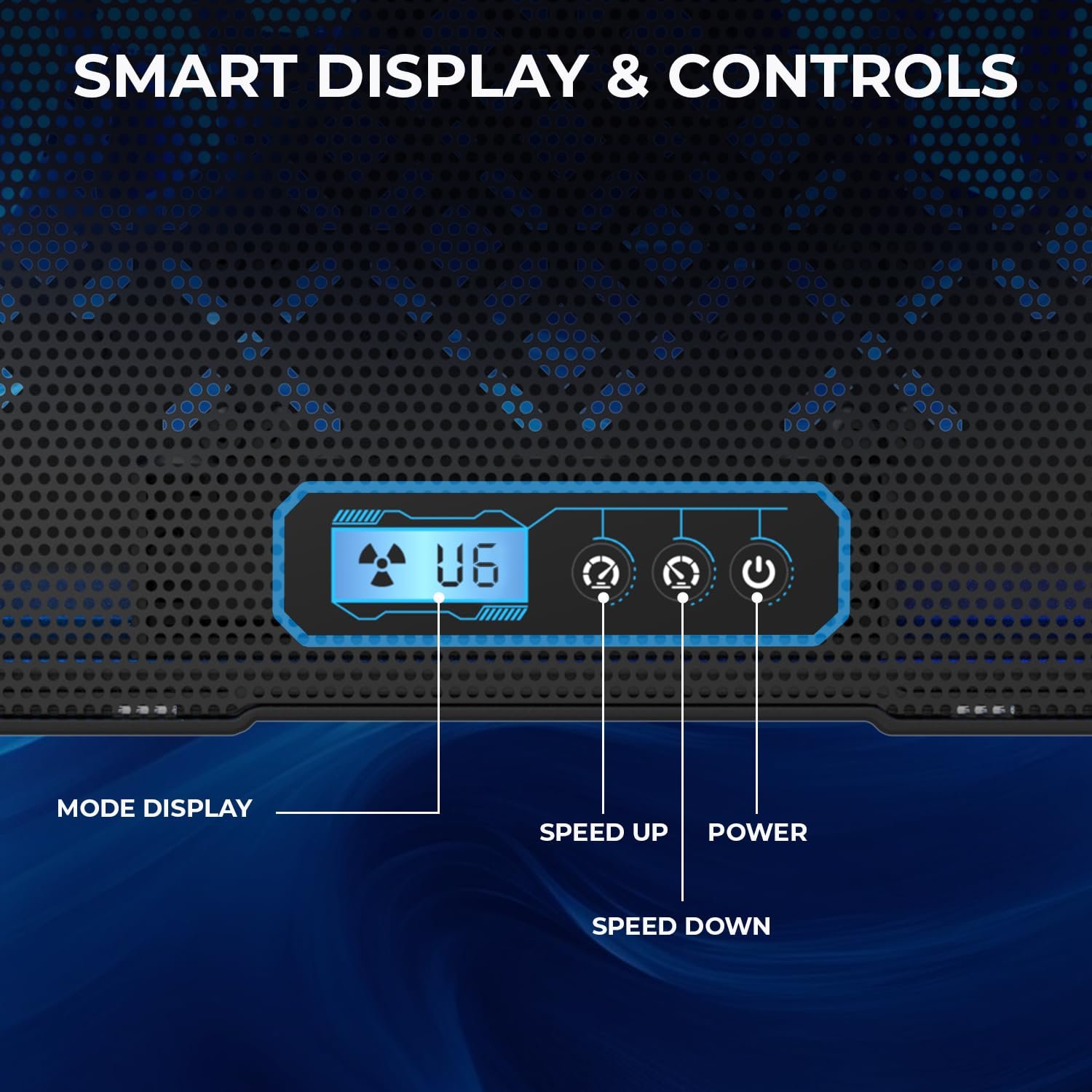 71itrcnl nl. sl1500 EvoFox Frost Plus Laptop Cooling Pad | Laptop Cooler Pad with Dual Fans, Blue LED Backlight, Iron Mesh Design, LCD Display, Adjustable Stand, Ultra-Quiet Dual USB Cooling Pad (Black)
