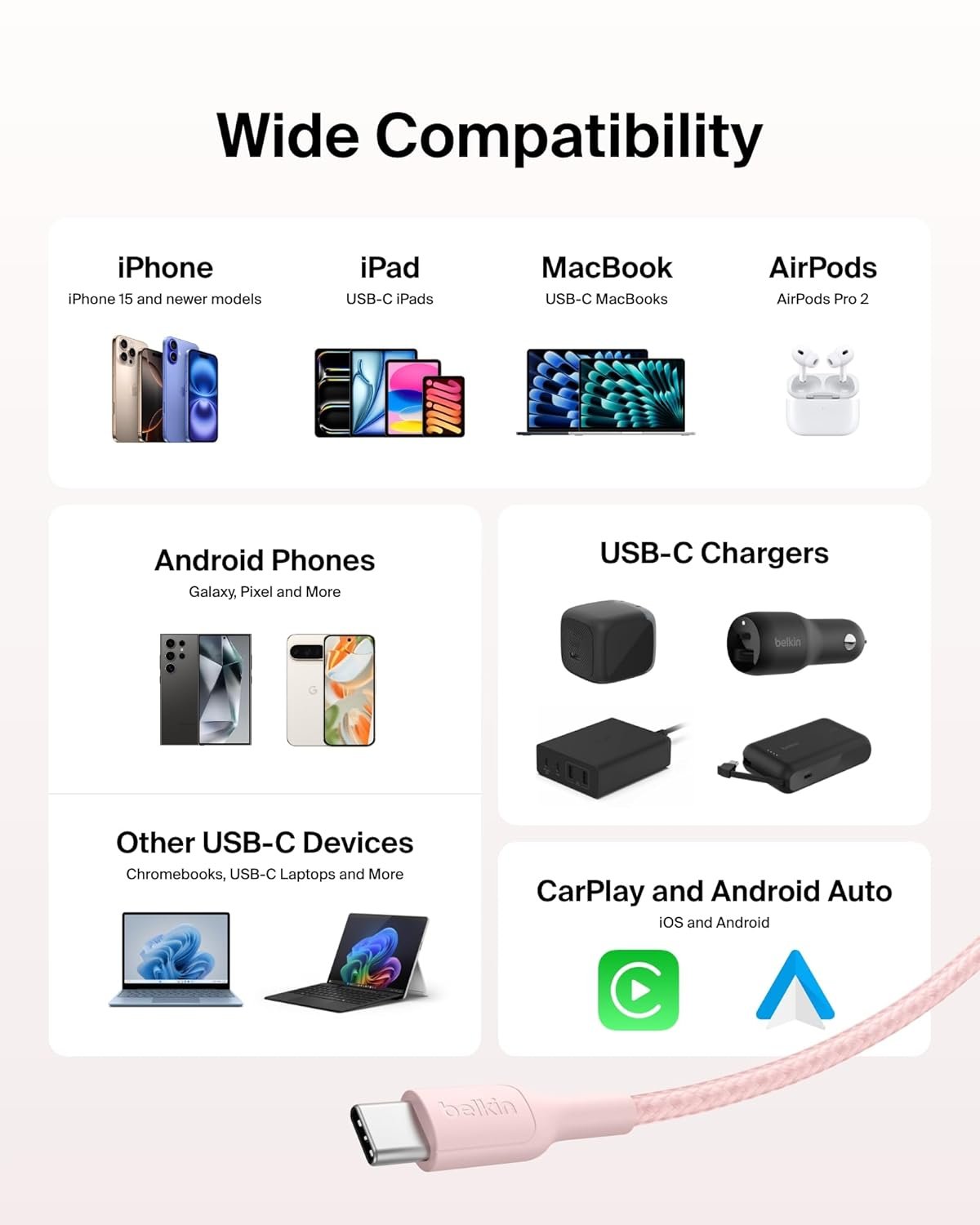 71jf8ksthdl. sl1500 Belkin Apple Certified USB-C to USB-C Braided Nylon Cable 2 Meter | Fast Charging Cable | Type C Charger Cable for iPhone 17, 16, Galaxy S25, Pixel 9, MacBook, iPad Pro | 2 Years Warranty | Pink