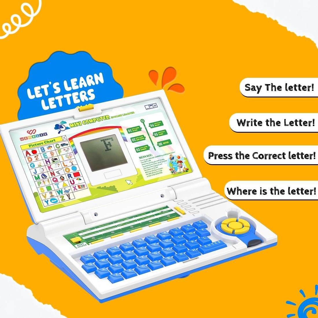 71k8oqzm1l. sl1100 Wembley Educational Kids Laptop Learning Toy for 2-5 Years Boys Girls Computer Toys for 3 Years Fun Activity Learning Alphabet,Letter,Words,Games,Mathematics,Music,Logic Memory Tool – Blue