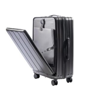 PYB Voyage - Suitcase Trolley Bag, Laptop Compartment, USB Port, TSA Lock, Mobile Holder, Cup Holder, Hook, Noiseless 360 ° Rotating 8 Wheels, Polycarbonate (Dark Grey, Check-in Large 26 inch)