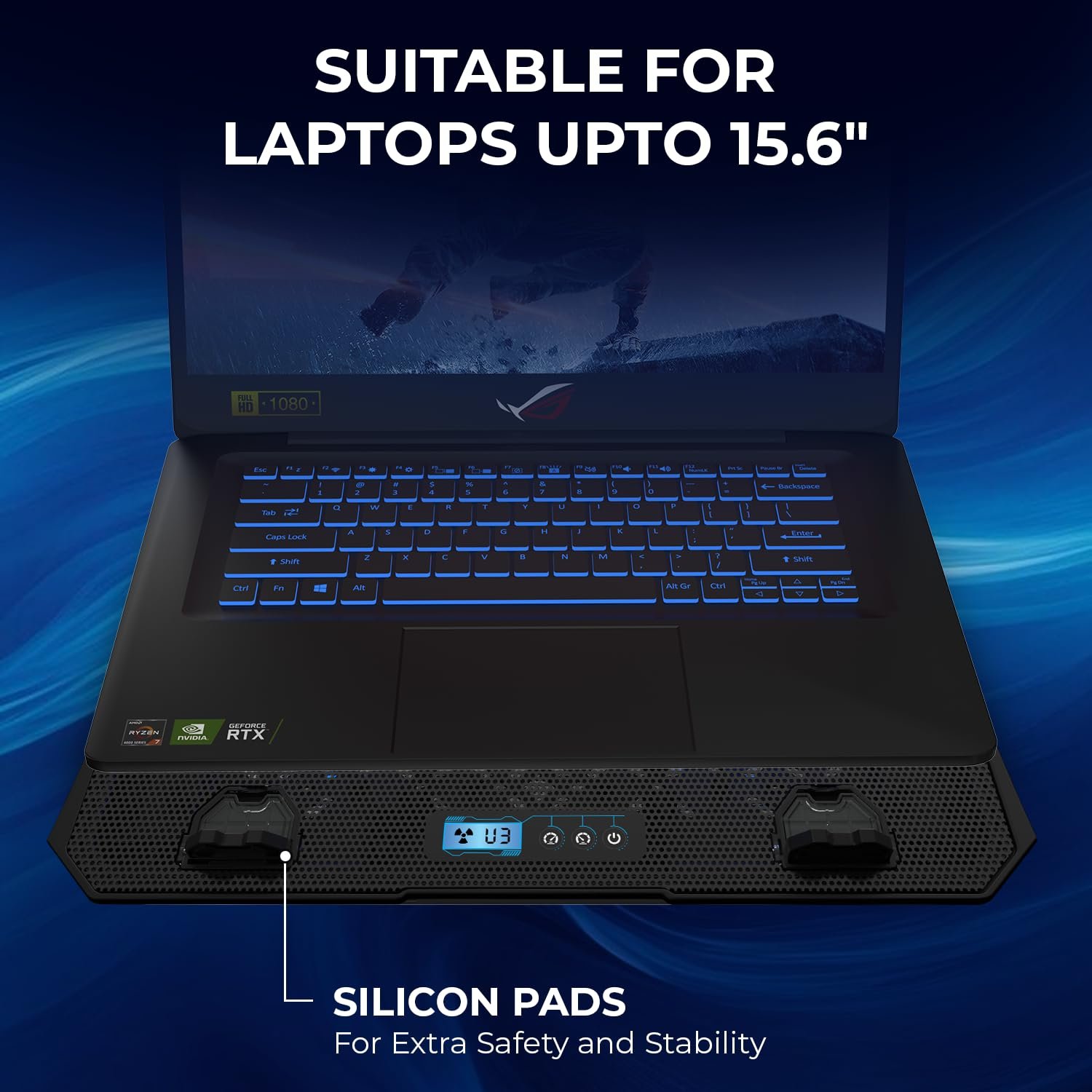 71qj2i5pq8l. sl1500 EvoFox Frost Plus Laptop Cooling Pad | Laptop Cooler Pad with Dual Fans, Blue LED Backlight, Iron Mesh Design, LCD Display, Adjustable Stand, Ultra-Quiet Dual USB Cooling Pad (Black)