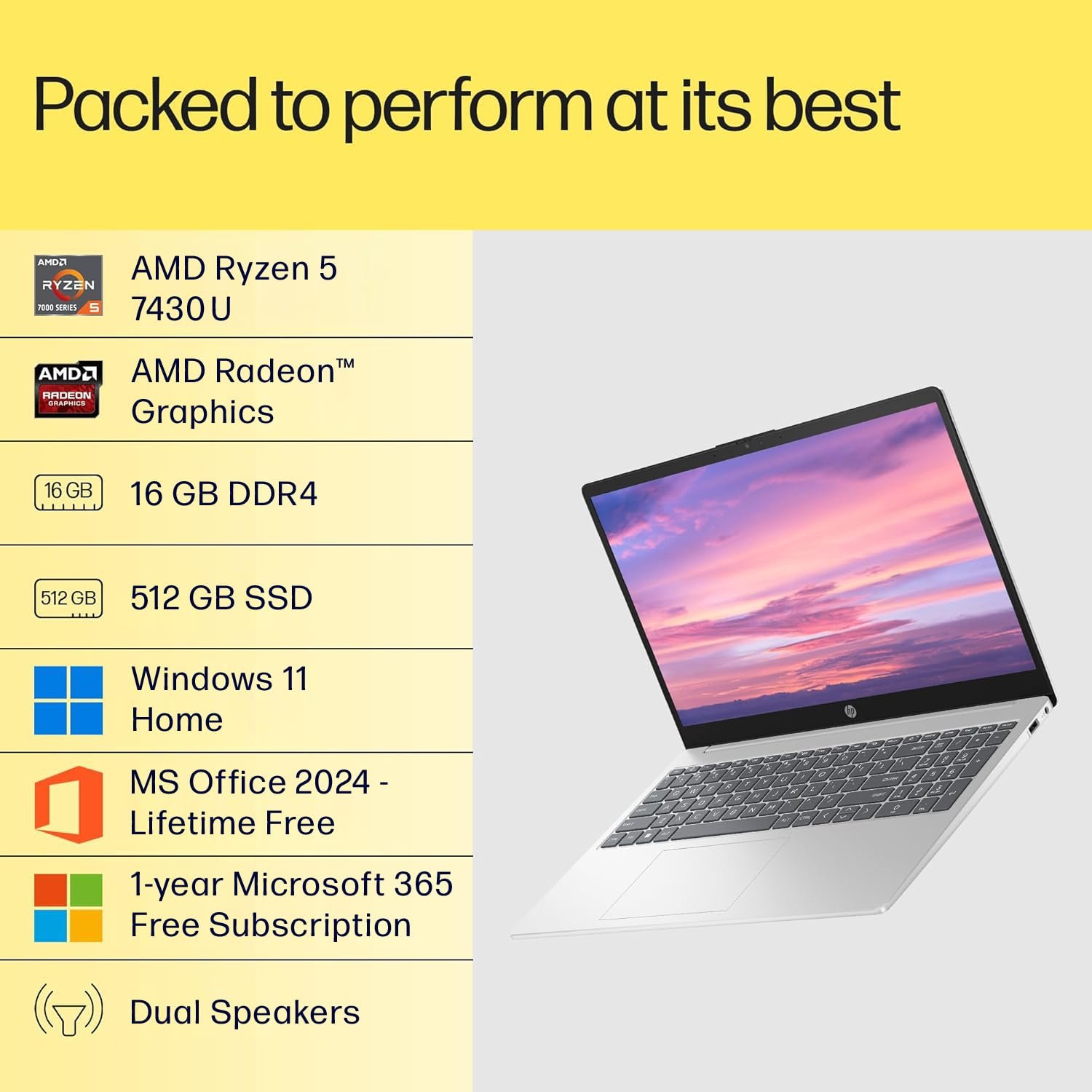 71rycmccprl. sl1500 HP 15, AMD Ryzen 5 7430U (16GB DDR4, 512GB SSD) FHD, Anti-Glare, Micro-Edge,15.6/39.6cm, Win11, M365 Basic(1yr)* Office24, Silver,1.59kg, fc0389AU, AMD Radeon, FHD Camera w/Shutter, Backlit Laptop