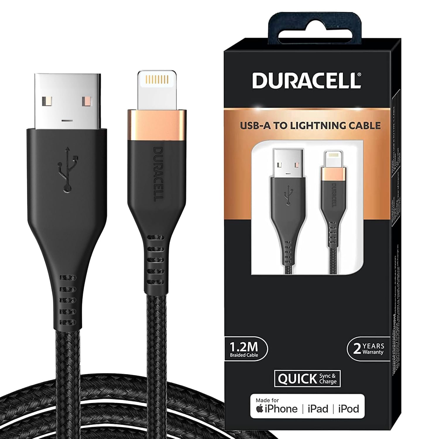 Duracell USB Lightning Apple Certified (Mfi) Braided Sync & Charge Cable For Iphone, Ipad And Ipod. Fast Charging Lightning Cable, 3.9 Feet (1.2M) - Black Duracell USB Lightning Apple Certified (Mfi) Braided Sync & Charge Cable For Iphone, Ipad And Ipod. Fast Charging Lightning Cable, 3.9 Feet (1.2M) - Black