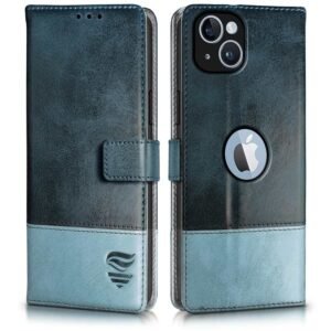 FLIPPED Vegan Leather Flip Cover for Apple iPhone 14 Plus | Shock Proof with TPU Bumper & Kickstand | Card & Cash Pockets | Magnetic Closure Wallet Case Cover (Hand Stitched, Blue with Aquamarine)