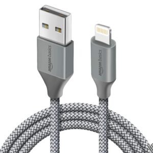 amazon basics Nylon Braided USB to Lightning Fast Charging and Data Sync Cable Compatible for iPhone 14,13, 12,11,X, 8, 7, 6, 5, iPad Air, Pro, Mini (3 FT Pack of 1, Grey)