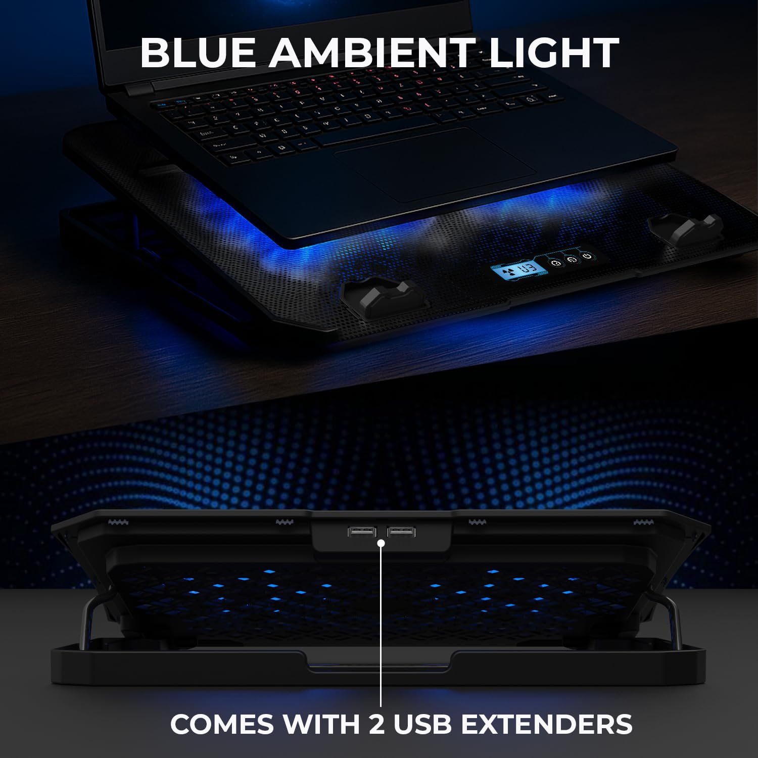 71bxj3lwwul. sl1500 EvoFox Frost Plus Laptop Cooling Pad | Laptop Cooler Pad with Dual Fans, Blue LED Backlight, Iron Mesh Design, LCD Display, Adjustable Stand, Ultra-Quiet Dual USB Cooling Pad (Black)