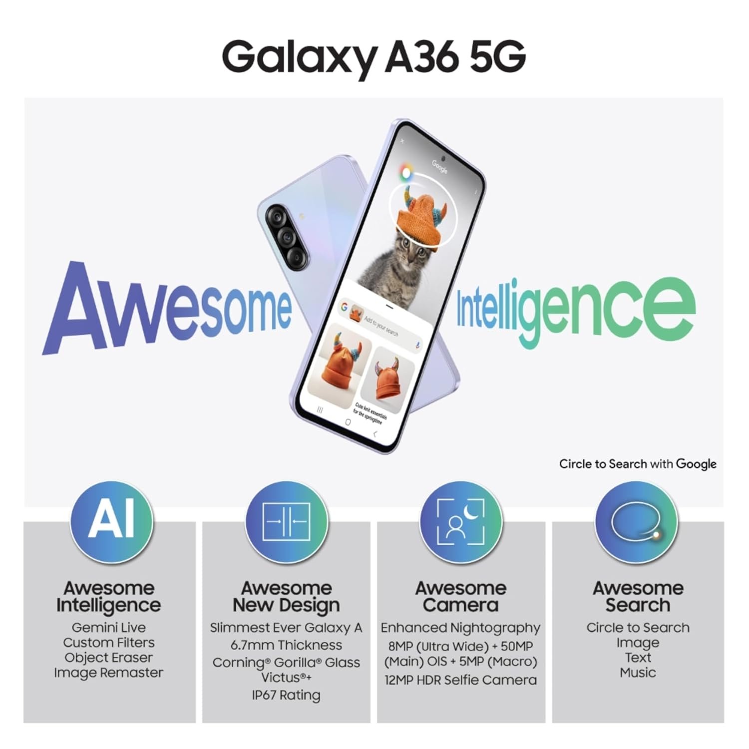 71ca2lozkpl. sl1500 1765931480 4250 Samsung Galaxy A36 5G (Awesome Lavender, 8GB, 256GB) | Gemini Live | Awesome Intelligence (AI): Circle to Search, My Filter, Object Eraser | 4nm Snapdragon Processor | Flagship Grade Camera