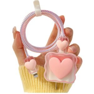 for Apple 18W/20W Charger Cover Cable Protector | 5 in 1 Transparent Charger Case Compatible with iPhone Chargers 18W & 20W Full Charger Protection (Pink Love Heart)