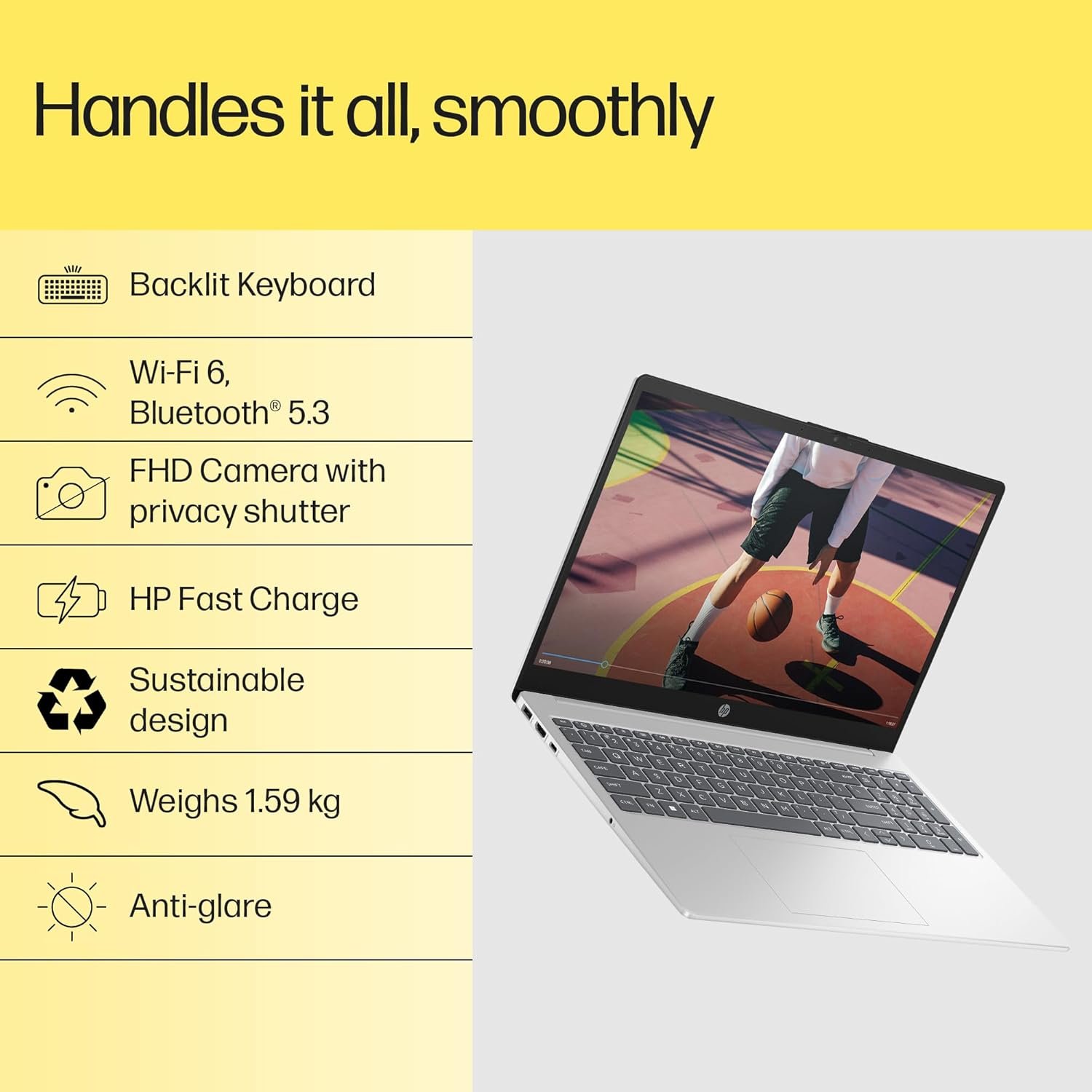 71lsvrrv3bl. sl1500 HP 15, AMD Ryzen 5 7430U (16GB DDR4, 512GB SSD) FHD, Anti-Glare, Micro-Edge,15.6/39.6cm, Win11, M365 Basic(1yr)* Office24, Silver,1.59kg, fc0389AU, AMD Radeon, FHD Camera w/Shutter, Backlit Laptop